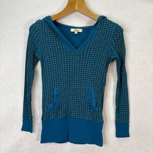 LEI Vtg Y2K Teal Floral Print Hooded Thermal Top Kangaroo Pocket Junior XL Bella